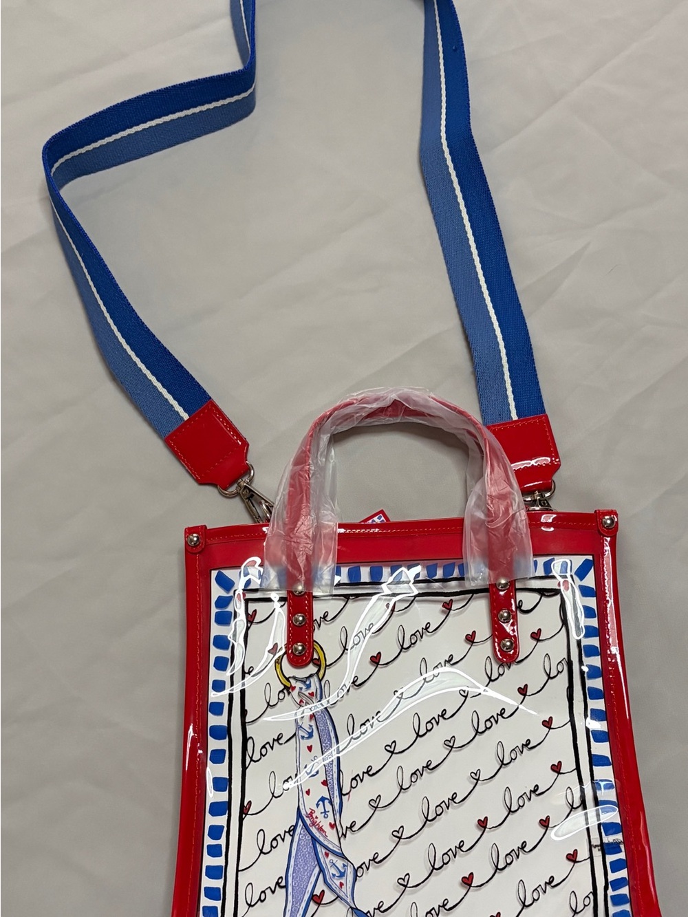 Brighton Striped Love Vinyl Tote Crossbody Bag Red Blue NWT - Picture 6 of 13